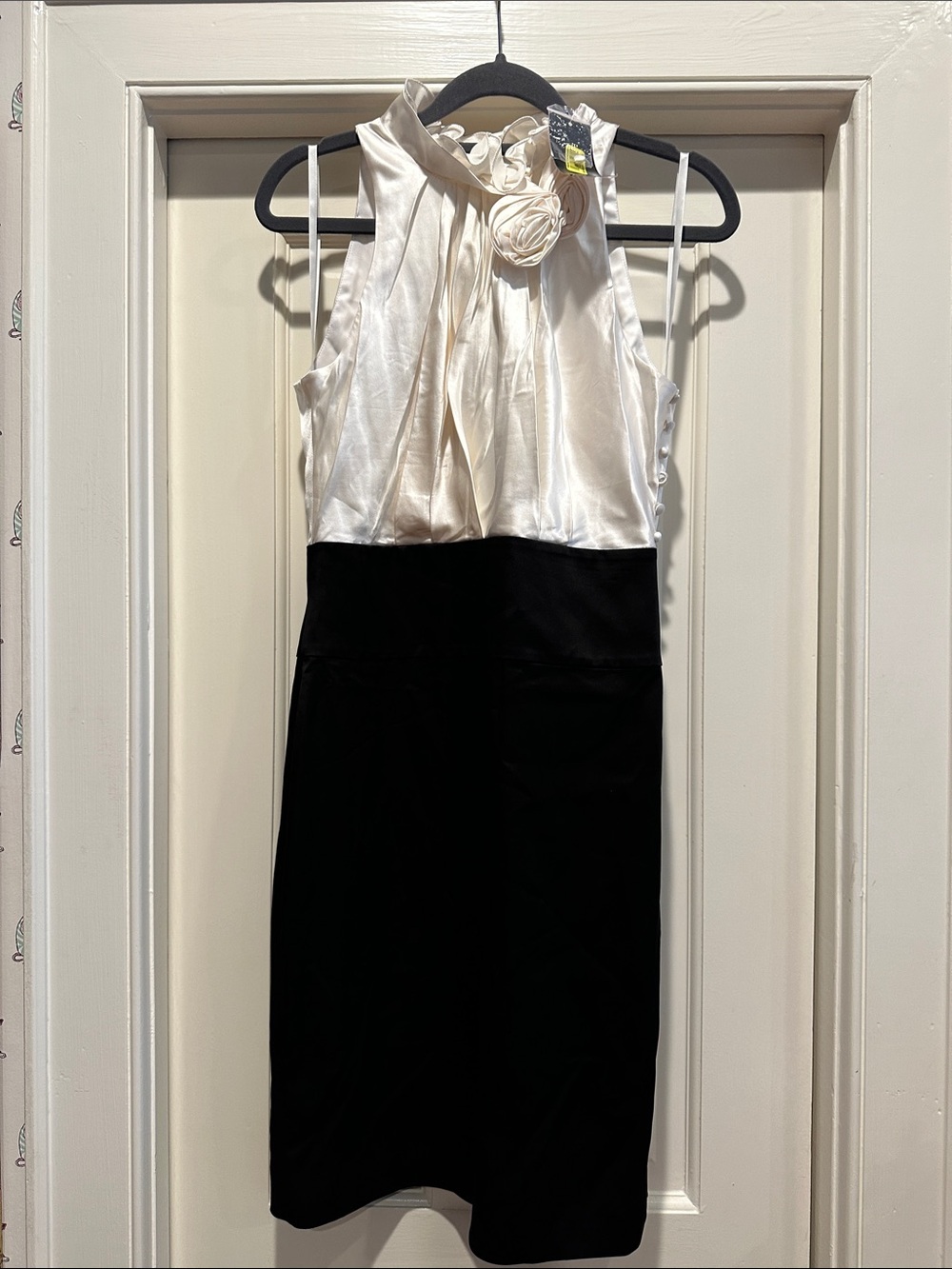 BCBGMaxAzria Ivory Satin Bodice Black Sheath Dress with Rosette Neck